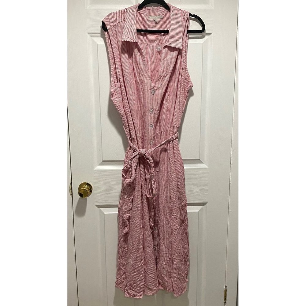 NWT Woman Within Red & White Stripe Sleeveless Linen Shirt Dress Size 32W